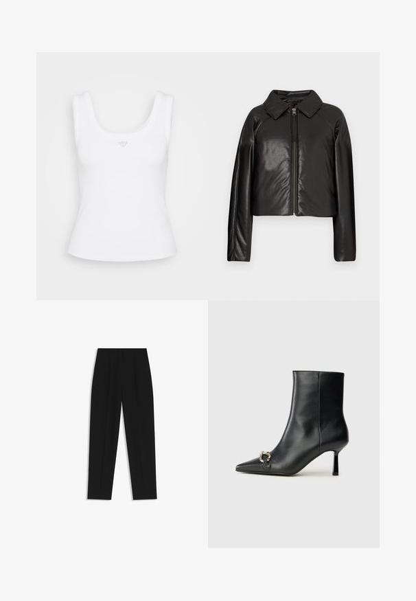 Black faux leather cropped jacket with a collared neckline and zip closure. Features long sleeves and smooth, glossy texture.; White fitted tank top with a square neckline and thick straps. Features ribbed texture and a small triangle logo at the center front.; Black trousers with a straight fit, featuring double pleats, a smooth texture, and a classic waistband design. No visible hardware or accents.; Black leather ankle boot with pointed toe, slim mid-height heel, and silver buckle detail on side against plain background.