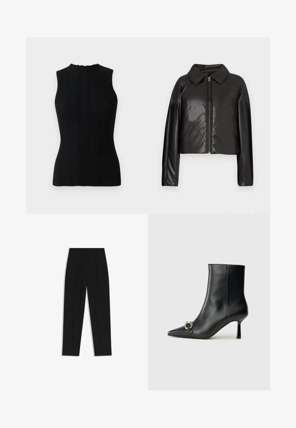 Black faux leather cropped jacket with a collared neckline and zip closure. Features long sleeves and smooth, glossy texture.; Black sleeveless knit top with a ribbed texture and high neck. Features a fitted silhouette and minimalistic design.; Black trousers with a straight fit, featuring double pleats, a smooth texture, and a classic waistband design. No visible hardware or accents.; Black leather ankle boot with pointed toe, slim mid-height heel, and silver buckle detail on side against plain background.