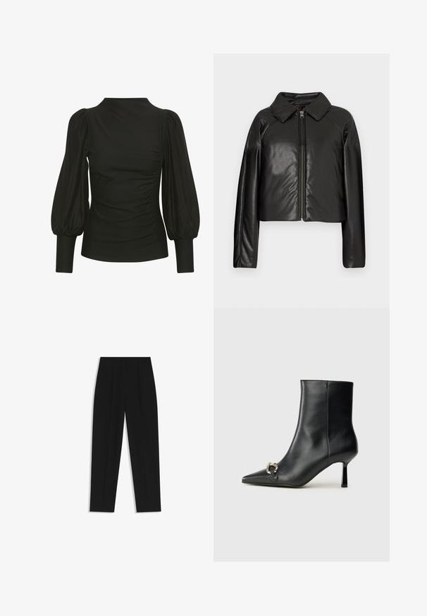 Sort kunstlæder cropped jakke med krave og lynlåslukning. Har lange ærmer og en glat, blank tekstur.; Sort top med pufærmer, slankt design, blødt stof, prydet med ruching på siden og tætsiddende manchetter. Minimalistisk stil, ingen synlige logoer.; Sorte bukser med lige pasform, der har dobbelte folder, en glat tekstur og et klassisk taljedesign. Ingen synlige hardware eller accenter.; Sort læder ankelstøvle med spidse tæer, slank hæl i mellemhøjde og sølvspænde detaljer på siden mod en ensfarvet baggrund.