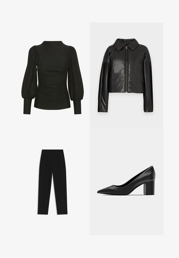 Schwarze Kunstleder-Cropped-Jacke mit Kragen und Reißverschluss. Mit langen Ärmeln und glatter, glänzender Textur.; Schwarzes Oberteil mit Puffärmeln, eleganter Schnitt, weicher Stoff, seitliche Raffung und enganliegende Manschetten. Minimalistischer Stil, keine sichtbaren Logos.; Schwarze Hose mit geradem Schnitt, doppelten Falten, einer glatten Textur und einem klassischen Bunddesign. Keine sichtbaren Beschläge oder Akzente.; Schwarze Lederpumps mit spitzem Zehenbereich und einem klobigen quadratischen Absatz. Glatte Textur, einfaches Design, geeignet für formelle Anlässe.