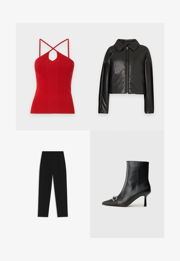 Sort kunstlæder cropped jakke med krave og lynlåslukning. Har lange ærmer og en glat, blank tekstur.; Rød ribbet halterneck-top med en nøglehul-udskæring, tynde krydsede stropper og en tætsiddende pasform. Fremstillet af et strækbart strikket materiale.; Sorte bukser med lige pasform, der har dobbelte folder, en glat tekstur og et klassisk taljedesign. Ingen synlige hardware eller accenter.; Sort læder ankelstøvle med spidse tæer, slank hæl i mellemhøjde og sølvspænde detaljer på siden mod en ensfarvet baggrund.