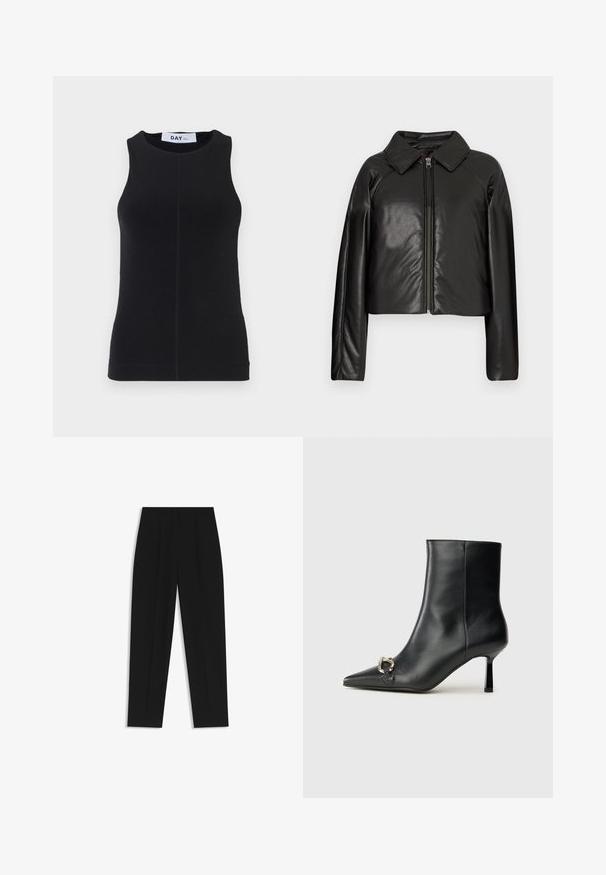 Black faux leather cropped jacket with a collared neckline and zip closure. Features long sleeves and smooth, glossy texture.; Black sleeveless top made from a smooth fabric, featuring a round neckline, fitted design, and subtle stitching along the sides.; Black trousers with a straight fit, featuring double pleats, a smooth texture, and a classic waistband design. No visible hardware or accents.; Black leather ankle boot with pointed toe, slim mid-height heel, and silver buckle detail on side against plain background.