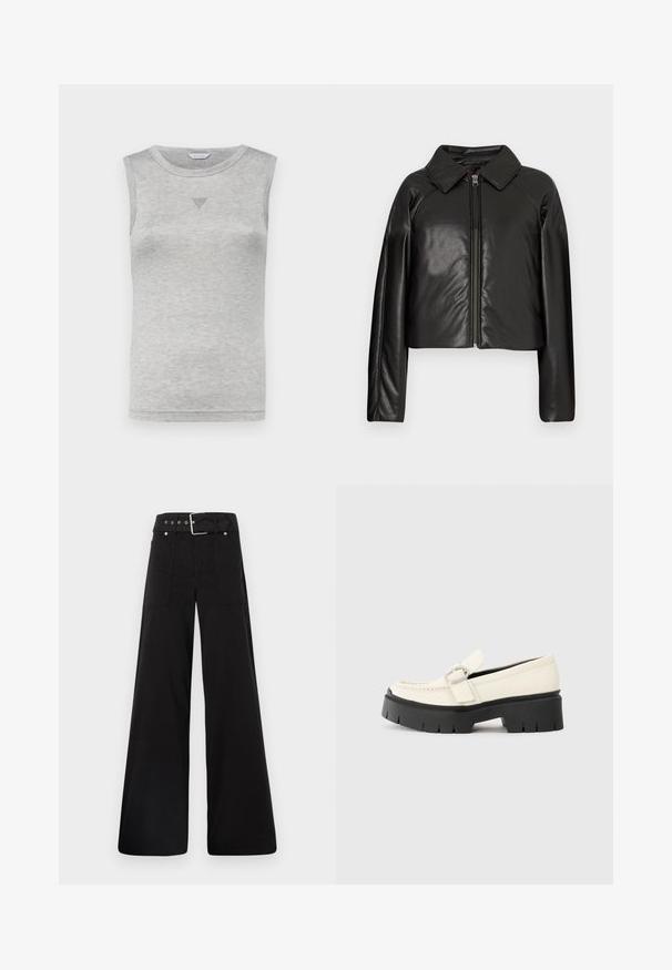 Svart, imitert skinn, cropped jakke med krage og glidelås. Har lange ermer og en jevn, glinsende overflate.; Grå ermeløs topp i myk bomullsblanding, med rund halslinning og en liten, teksturert trekantdetalj på forsiden.; Sorte vidde bukser laget av bomull, med høy midje, store sidelommer og belte med sølv detaljer.; Hvit skinnloafers med tykk svart plattformsåle, utstyrt med en rektangulær sølvspenne og synlige sømdetaljer på oversiden.