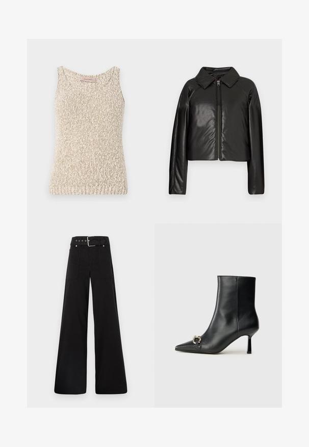 Schwarze Kunstleder-Cropped-Jacke mit Kragen und Reißverschluss. Mit langen Ärmeln und glatter, glänzender Textur.; Beige gestricktes Tank-Top mit rundem Ausschnitt, strukturierter Stoff und ärmellosem Design. Verfügt über ein Etikett am Hals mit dem Markennamen "TwinsSet."; Schwarze weitgeschnittene Hose aus Baumwolle, mit hoher Taille, großen Seitentaschen und einem taillierten Bund mit silbernen Hardware-Akzenten.; Schwarze Leder-Stiefelette mit spitzer Zehe, schlankem, mittelhohem Absatz und silberner Schnalle seitlich vor einem schlichten Hintergrund.
