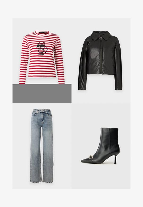 Black faux leather cropped jacket with a collared neckline and zip closure. Features long sleeves and smooth, glossy texture.; KARL LAGERFELD IKON - Long sleeved top - scarlet sage/cream stripe; Light blue denim jeans with a high waist, wide-leg design, faded finish, and subtle distressed detailing. Classic five-pocket styling.; Black leather ankle boot with pointed toe, slim mid-height heel, and silver buckle detail on side against plain background.