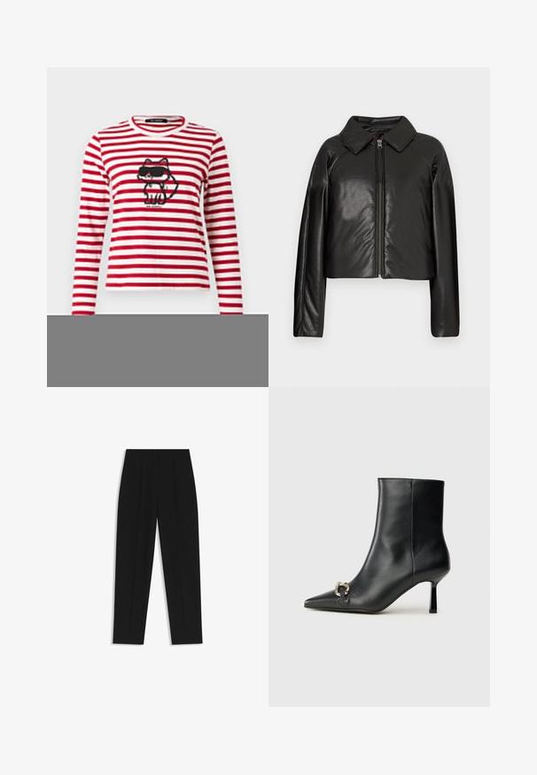 Giacca cropped nera in ecopelle con colletto e chiusura a zip. Caratterizzata da maniche lunghe e una texture liscia e lucida.; KARL LAGERFELD IKON - Maglietta a manica lunga - scarlet sage/cream stripe; Pantaloni neri a taglio dritto, con doppie pieghe, una texture liscia e un design classico in vita. Nessun hardware o dettaglio visibile.; Stivale alla caviglia in pelle nera con punta affusolata, tacco sottile di media altezza e dettaglio in fibbia argentata sul lato, su sfondo semplice.