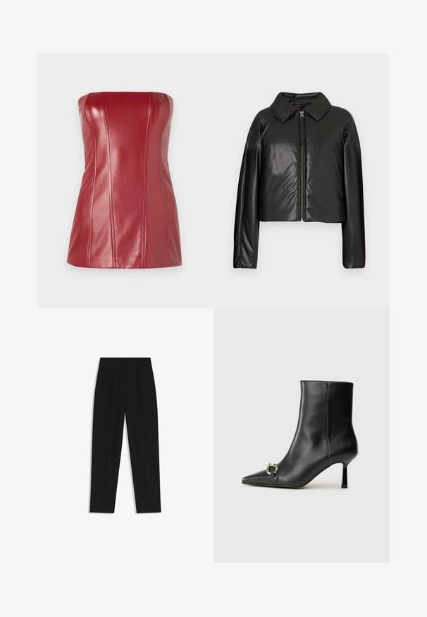 Black faux leather cropped jacket with a collared neckline and zip closure. Features long sleeves and smooth, glossy texture.; Red strapless top made from shiny faux leather. Features tailored seams and a fitted silhouette. Smooth texture with a slight sheen.; Black trousers with a straight fit, featuring double pleats, a smooth texture, and a classic waistband design. No visible hardware or accents.; Black leather ankle boot with pointed toe, slim mid-height heel, and silver buckle detail on side against plain background.