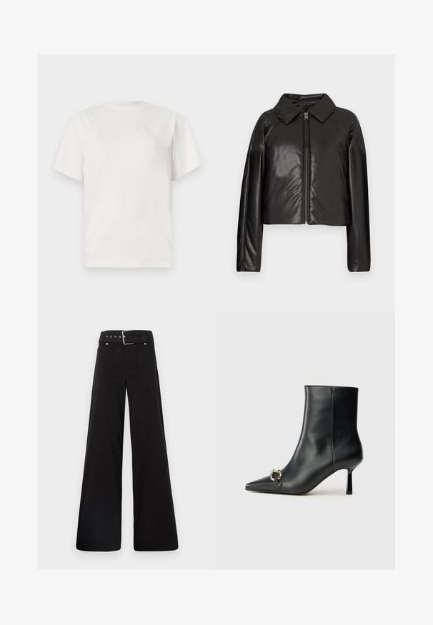 Jachetă cropped din faux leather negru, cu guler și închidere cu fermoar. Prezintă mâneci lungi și o textură netedă, lucioasă.; Tricou alb din bumbac, cu guler rotund, mâneci scurte și un logo discret embosat pe piept. Textură netedă și croială lejeră.; Pantaloni negri cu croială largă, confecționați din bumbac, cu talie înaltă, buzunare laterale mari și talie prevăzută cu brâu cu accente din metal argintiu.; Botine negre din piele, cu vârf ascuțit, toc subțire de înălțime medie și detaliu cu cataramă argintie pe lateral, pe un fundal simplu.