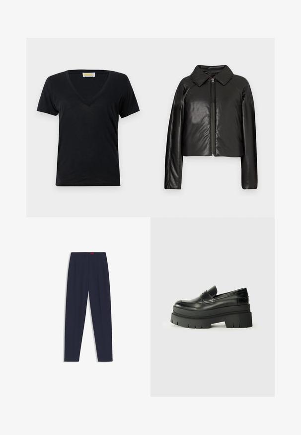 Black faux leather cropped jacket with a collared neckline and zip closure. Features long sleeves and smooth, glossy texture.; Black v-neck t-shirt made from soft, lightweight fabric. Short sleeves and a simple design without patterns or accents.; Navy blue tailored trousers with a smooth texture, featuring front pleats and side pockets. Straight leg design and no visible embellishments.; Black leather loafers with a chunky platform sole. Rounded toe, front seam detail, and subtle stitching accents. Flat, textured outsole.