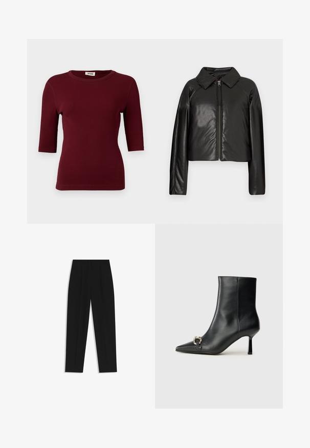 Black faux leather cropped jacket with a collared neckline and zip closure. Features long sleeves and smooth, glossy texture.; Burgundy ribbed t-shirt with short sleeves, round neckline, and a fitted design. Smooth texture with subtle stitching details at the seams.; Black trousers with a straight fit, featuring double pleats, a smooth texture, and a classic waistband design. No visible hardware or accents.; Black leather ankle boot with pointed toe, slim mid-height heel, and silver buckle detail on side against plain background.