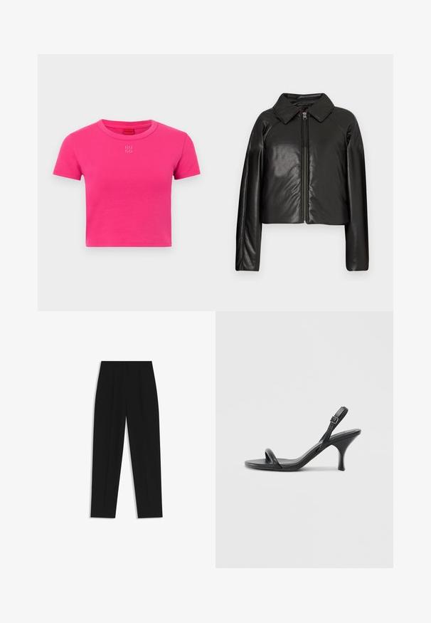 Sort kunstlæder cropped jakke med krave og lynlåslukning. Har lange ærmer og en glat, blank tekstur.; Tætsiddende, kortærmet t-shirt i klar pink bomuld. Har en rund halsudskæring og en diskret hvid "HUGO"-logo broderet på forsiden.; Sorte bukser med lige pasform, der har dobbelte folder, en glat tekstur og et klassisk taljedesign. Ingen synlige hardware eller accenter.; Sorte læder højhælede sandaler med en slank, buet hæl og et krydset stropdesign. Justerbar ankelrem. Glat tekstur.