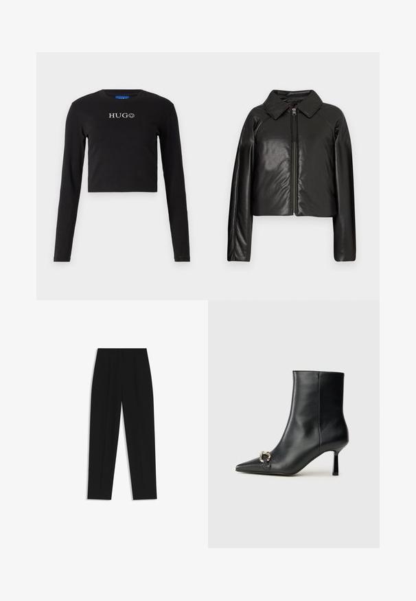 Black faux leather cropped jacket with a collared neckline and zip closure. Features long sleeves and smooth, glossy texture.; Black cropped long-sleeve shirt made of cotton, featuring a round neckline and a front logo in white with a smiley face accent.; Black trousers with a straight fit, featuring double pleats, a smooth texture, and a classic waistband design. No visible hardware or accents.; Black leather ankle boot with pointed toe, slim mid-height heel, and silver buckle detail on side against plain background.