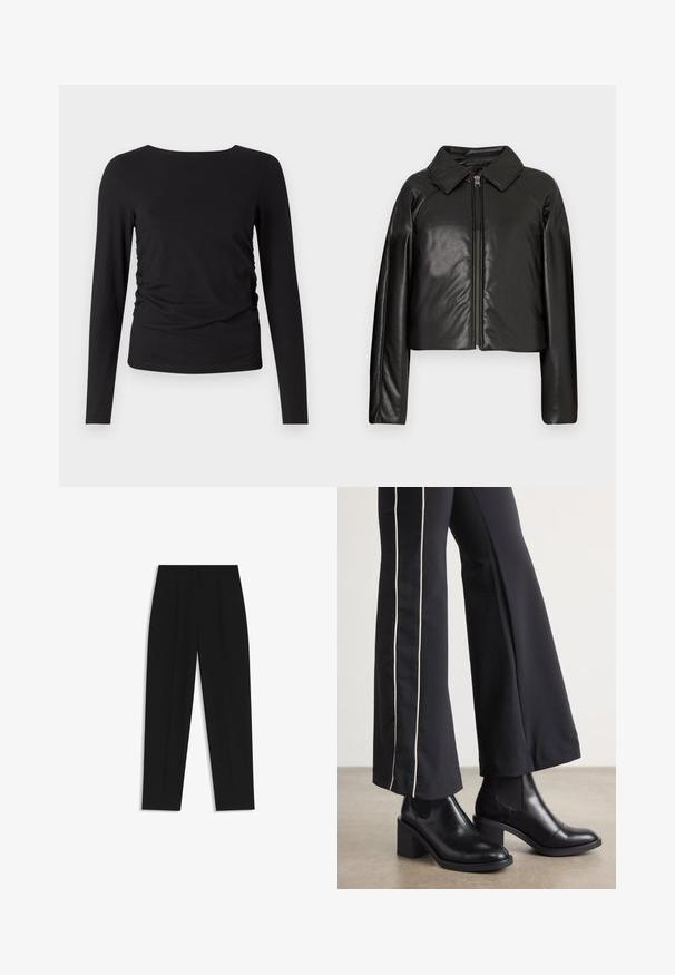 Black faux leather cropped jacket with a collared neckline and zip closure. Features long sleeves and smooth, glossy texture.; Black long-sleeve top made of soft fabric, featuring a round neckline and gathered detail on one side for added texture.; Black trousers with a straight fit, featuring double pleats, a smooth texture, and a classic waistband design. No visible hardware or accents.; Black leather ankle boots with a block heel, featuring elastic side panels. Paired with black pants that have a white side stripe.