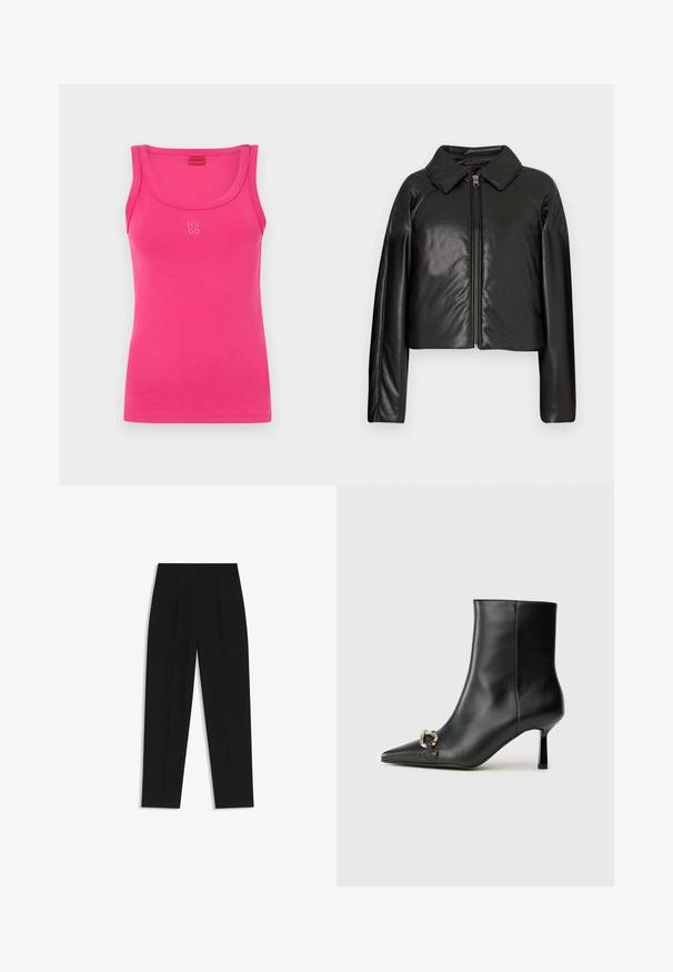 Zwarte faux leren cropped jack met een kraag en ritssluiting. Heeft lange mouwen en een soepele, glanzende textuur.; Aansluitende roze tanktop van gladde katoenen stof, met een gebogen halslijn en een klein "HUGO" logo in het wit op de voorkant in het midden.; Zwarte broeken met een rechte pasvorm, voorzien van dubbele plooien, een zachte textuur en een klassiek taillebandontwerp. Geen zichtbare hardware of accenten.; Zwarte leren enkelboot met spitse neus, slanke middenhoge hak en zilveren gespdetail aan de zijkant op een effen achtergrond.