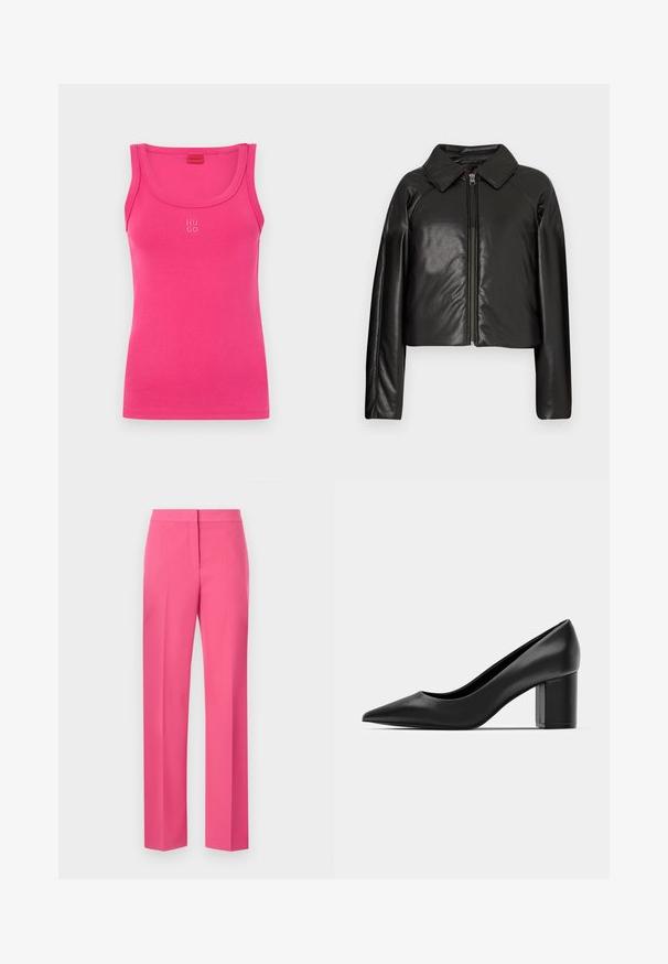 Čierna koženková skrátená bunda s golierom a zipsovým uzáverom. Má dlhé rukávy a hladký, lesklý povrch.; Ružový priliehavý top bez rukávov vyrobený z hladkej bavlnenej tkaniny, s zakriveným výstrihom a malým bielym logom "HUGO" na prednej strane.; Ružové elastické nohavice so strmým strihom, s hladkou textúrou a ostrými záhybmi vpredu.; Čierne kožené lodičky s ostrou špičkou a robustným štvorcovým opätkom. Hladká textúra, jednoduchý dizajn, vhodné na formálne príležitosti.