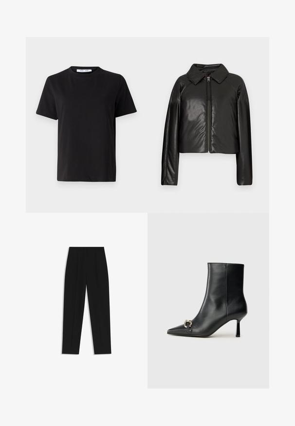 Schwarze Kunstleder-Cropped-Jacke mit Kragen und Reißverschluss. Mit langen Ärmeln und glatter, glänzender Textur.; Schwarzes T-Shirt mit kurzen Ärmeln aus weicher Baumwolle, mit rundem Ausschnitt, lockerer Passform und glatter Textur. Keine sichtbaren Muster oder Grafiken.; Schwarze Hose mit geradem Schnitt, doppelten Falten, einer glatten Textur und einem klassischen Bunddesign. Keine sichtbaren Beschläge oder Akzente.; Schwarze Leder-Stiefelette mit spitzer Zehe, schlankem, mittelhohem Absatz und silberner Schnalle seitlich vor einem schlichten Hintergrund.