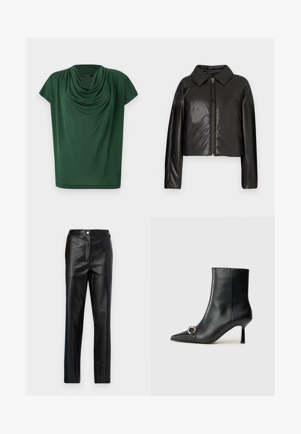 Veste cropped en simili cuir noir avec un col et fermeture zippée. Dispose de longues manches et d'une texture lisse et brillante.; Haut drapé vert en tissu léger. Caractérisé par un col cowl et des manches courtes, avec une texture lisse et une coupe ample.; Pantalons en faux cuir noir avec motif crocodile, coupe slim, design à jambe droite, dotés d'une fermeture à bouton à l'avant et d'une taille standard.; Bottine en cuir noir avec un bout pointu, un talon moyen fin et un détail de boucle en argent sur le côté, se détachant sur un fond uni.