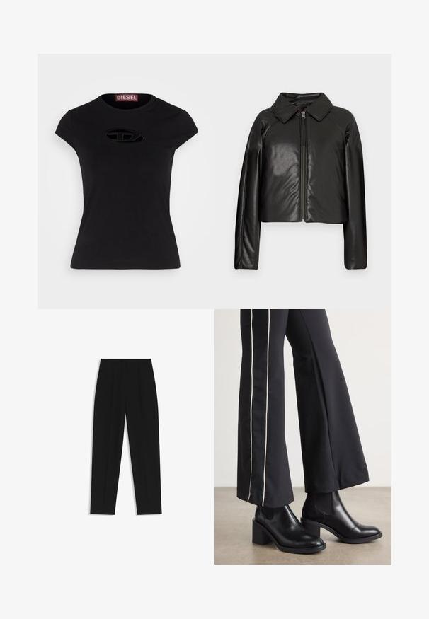Svart imitationläder kortjacka med krage och dragkedjestängning. Har långa ärmar och en slät, glänsande yta.; Svart t-shirt med kort ärm och en åtsittande design, med en texturerad Diesel-logotyp i oval form på framsidan.; Svarta byxor med rak passform, med dubbla fickor, en slät yta och en klassisk midje-design. Ingen synlig hårdvara eller detaljer.; Svarta läderankelboots med klack, med elastiska sidopaneler. I kombination med svarta byxor som har en vit sidostrip.