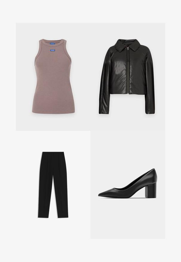 Schwarze Kunstleder-Cropped-Jacke mit Kragen und Reißverschluss. Mit langen Ärmeln und glatter, glänzender Textur.; Brauner Rippentop mit Rundhalsausschnitt, ärmellosem Design und kleinem blauen Logoetikett auf der Vorderseite. Glatte Textur, taillierte Form.; Schwarze Hose mit geradem Schnitt, doppelten Falten, einer glatten Textur und einem klassischen Bunddesign. Keine sichtbaren Beschläge oder Akzente.; Schwarze Lederpumps mit spitzem Zehenbereich und einem klobigen quadratischen Absatz. Glatte Textur, einfaches Design, geeignet für formelle Anlässe.