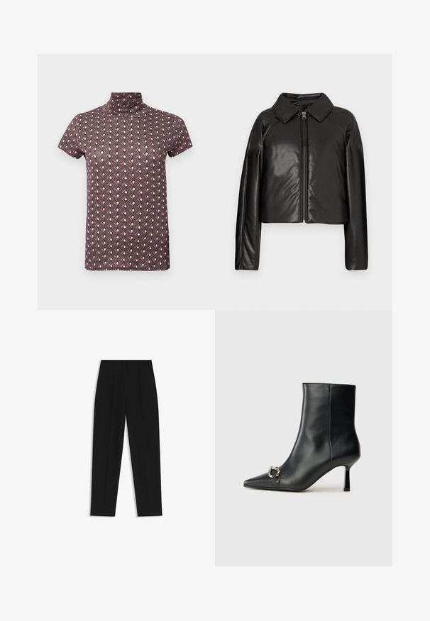 Black faux leather cropped jacket with a collared neckline and zip closure. Features long sleeves and smooth, glossy texture.; Short-sleeve, high-necked top in dark purple with a geometric pattern in red and cream. Lightweight fabric with smooth texture.; Black trousers with a straight fit, featuring double pleats, a smooth texture, and a classic waistband design. No visible hardware or accents.; Black leather ankle boot with pointed toe, slim mid-height heel, and silver buckle detail on side against plain background.