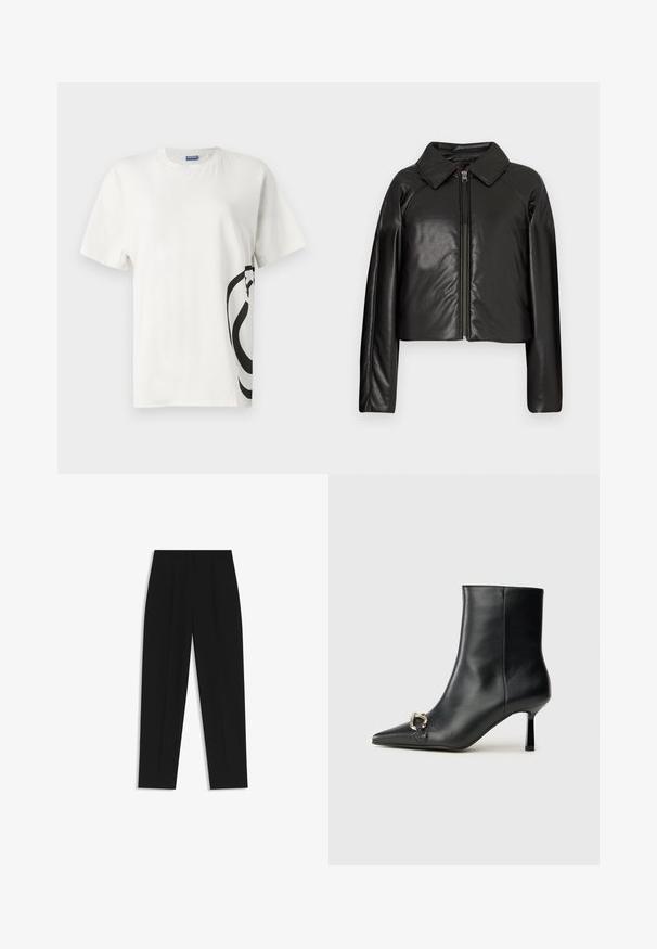 Sort kunstlæder cropped jakke med krave og lynlåslukning. Har lange ærmer og en glat, blank tekstur.; Hvid bomulds t-shirt med et stort sort abstrakt grafik på venstre side, korte ærmer og rund halsudskæring.; Sorte bukser med lige pasform, der har dobbelte folder, en glat tekstur og et klassisk taljedesign. Ingen synlige hardware eller accenter.; Sort læder ankelstøvle med spidse tæer, slank hæl i mellemhøjde og sølvspænde detaljer på siden mod en ensfarvet baggrund.