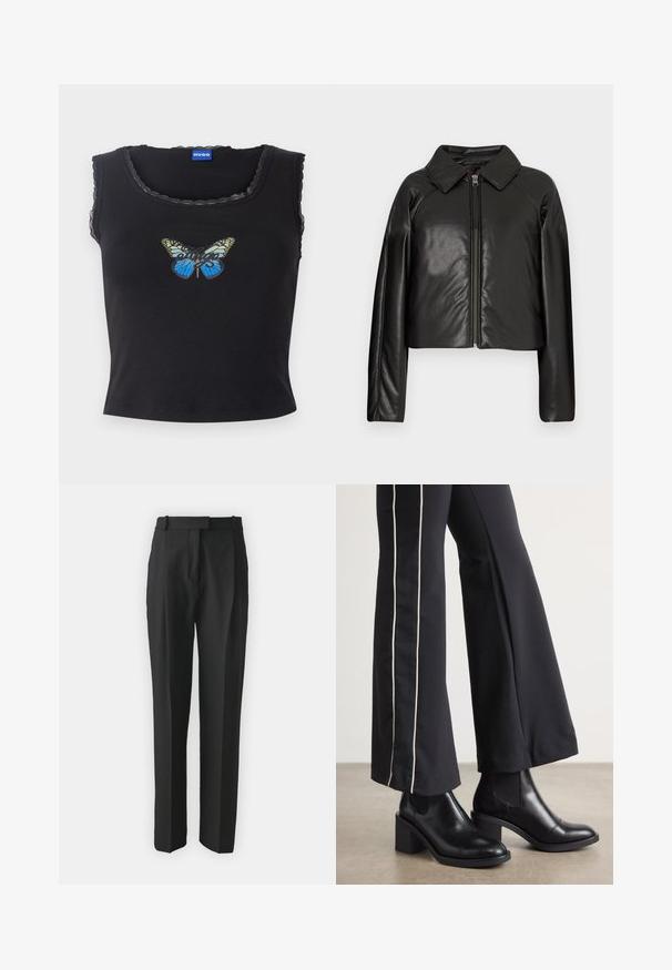 Juodas dirbtinės odos trumpas švarkas su koloratu ir užtrauktuku. Turi ilgomis rankovėmis ir lygią, blizgią tekstūrą.; Juodas trumpas tankas su skaldytomis briaunomis, kuriame pavaizduota spalvinga drugelio grafiką ir žodis "Hugo" rašysena. Lygi medvilnės medžiaga.; Juodi pritaikyti kelnes pagamintos iš lengvos medžiagos, turinčios tiesų kirpimą, plokščią priekinę dalį ir diržo kilpas. Lygus paviršius be matomų raštų.; Juodi odiniai auliniai batai su plataus bloko kulnu, turintys elastines šonines dalis. Sukomplektuoti su juodomis kelnėmis, turinčiomis baltą šoninės juostą.