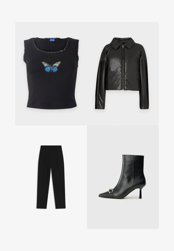 Black faux leather cropped jacket with a collared neckline and zip closure. Features long sleeves and smooth, glossy texture.; Black cropped tank top with scalloped edges, featuring a colorful butterfly graphic and the word "Hugo" in script. Smooth cotton material.; Black trousers with a straight fit, featuring double pleats, a smooth texture, and a classic waistband design. No visible hardware or accents.; Black leather ankle boot with pointed toe, slim mid-height heel, and silver buckle detail on side against plain background.
