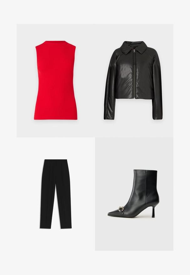Black faux leather cropped jacket with a collared neckline and zip closure. Features long sleeves and smooth, glossy texture.; Red sleeveless top with a mock neck. Made of ribbed fabric, it features a fitted silhouette and smooth texture. No patterns or hardware present.; Black trousers with a straight fit, featuring double pleats, a smooth texture, and a classic waistband design. No visible hardware or accents.; Black leather ankle boot with pointed toe, slim mid-height heel, and silver buckle detail on side against plain background.