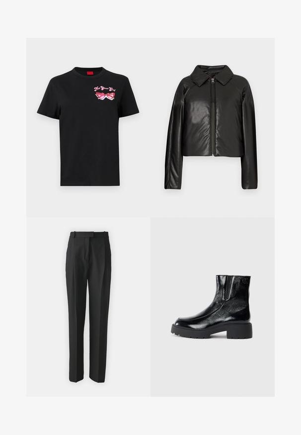 Černá faux kůže zkrácená bunda s límečkem a zipem. Obsahuje dlouhé rukávy a hladký, lesklý povrch.; Černé bavlněné tričko s krátkými rukávy, které má na levé straně hrudi růžovou grafiku slunečních brýlí a text "Nejsem tvoje holka".; Černé kalhoty na míru vyrobené z lehkého materiálu, s rovnými nohavicemi, plochým předním dílem a poutek na opasek. Hladký povrch bez viditelných vzorů.; Černé kotníkové boty s lesklým lakovaným povrchem, robustní černou gumovou podešví a zvýšeným podpatkem; obsahují jemný logo detail na boku.
