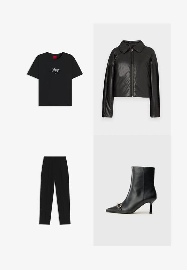 Mustat tekonahkaiset lyhyet takit, joissa on kauluksessa oleva kaulus ja vetoketjukiinnitys. Ominaisuuksiin kuuluu pitkät hihat ja sileä, kiiltävä pinta.; Musta puuvillapaita, jossa on pyöreä pääntie ja lyhyet hihat. Merkkilogo "Hugo" valkoisella brodeerauksella rinnassa.; Mustat housut suoran istuvuuden kanssa, joissa on kaksinkertaiset laskokset, sileä pinta ja klassinen vyötärönauhan muotoilu. Ei näkyviä metalliosia tai koristeita.; Musta nahkasaapas nilkkapituisilla, terävillä kärjillä, hoikalla keskipituisella korolla ja hopeavöillä sivussa yksinkertaista taustaa vasten.