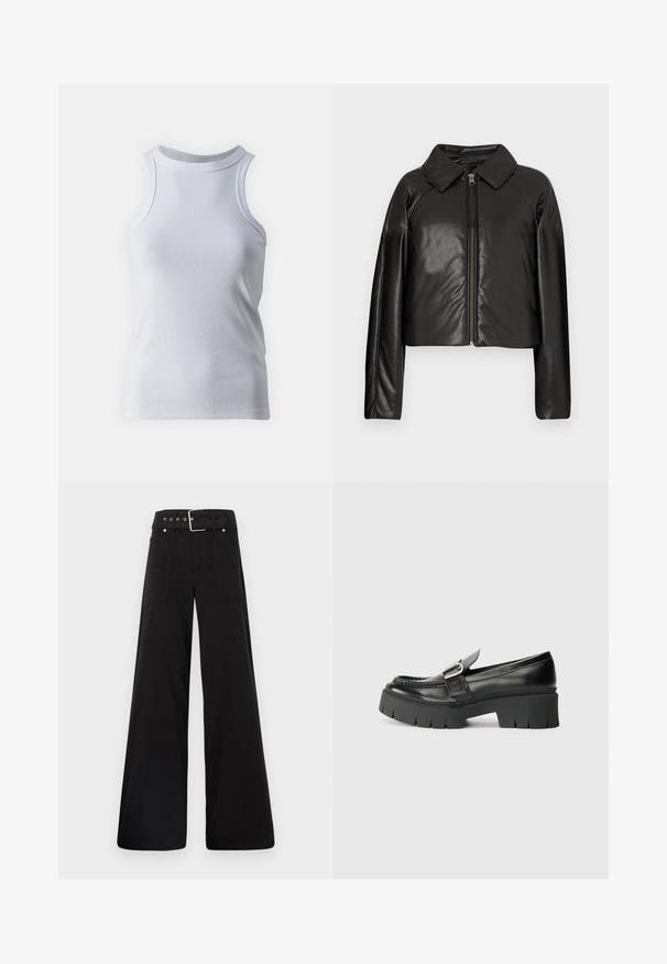 Schwarze Kunstleder-Cropped-Jacke mit Kragen und Reißverschluss. Mit langen Ärmeln und glatter, glänzender Textur.; Weißes ärmelloses Tanktop aus weichem, dehnbarem Baumwollstoff. Verfügt über einen hohen Halsausschnitt und eine glatte Textur ohne Muster oder Akzente.; Schwarze weitgeschnittene Hose aus Baumwolle, mit hoher Taille, großen Seitentaschen und einem taillierten Bund mit silbernen Hardware-Akzenten.; Schwarze Leder-Lederschuhe mit dicker Gummisohle. Merkmale einen Schnallenakzent und gestickte Details entlang des Obermaterials. Flacher Absatz.