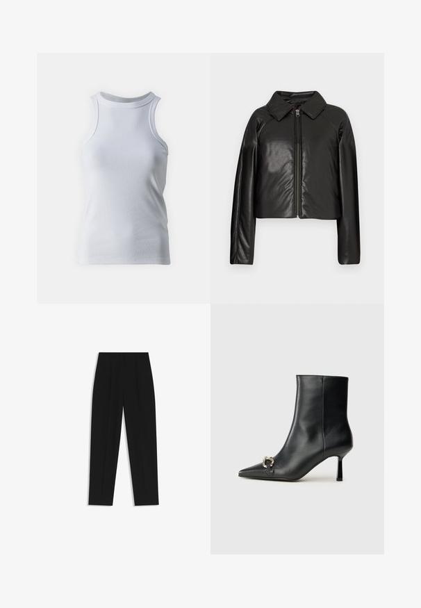 Sort kunstlæder cropped jakke med krave og lynlåslukning. Har lange ærmer og en glat, blank tekstur.; Hvid ærmeløs tanktop lavet af blødt, strækbart bomuldsstof. Har en høj halsudskæring og en glat tekstur uden mønstre eller detaljer.; Sorte bukser med lige pasform, der har dobbelte folder, en glat tekstur og et klassisk taljedesign. Ingen synlige hardware eller accenter.; Sort læder ankelstøvle med spidse tæer, slank hæl i mellemhøjde og sølvspænde detaljer på siden mod en ensfarvet baggrund.