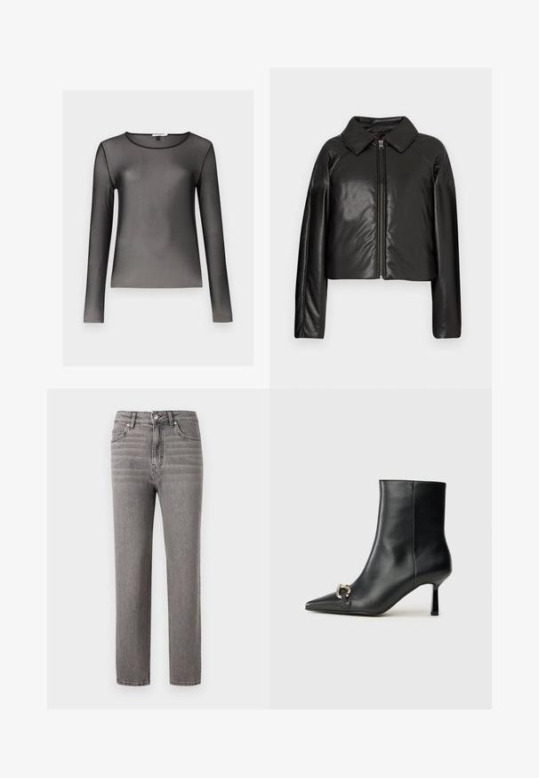 Svart, imitert skinn, cropped jakke med krage og glidelås. Har lange ermer og en jevn, glinsende overflate.; Svart langermet topp laget av gjennomsiktig, lett materiale; har en rund halslinning og en tettsittende silhuett. Glatt tekstur, minimalistisk detaljering.; Grå denimjeans med rett snitt, middels høy midje, fem lommer og subtile vertikale sømdetaljer. Glatt tekstur og lett.; Sorte lær ankle boot med spiss tå, slank mid-høyde hæl og sølvspenne på siden mot en enkel bakgrunn.