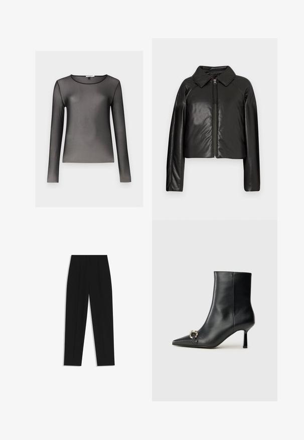 Giacca cropped nera in ecopelle con colletto e chiusura a zip. Caratterizzata da maniche lunghe e una texture liscia e lucida.; Top nero a maniche lunghe realizzato in tessuto trasparente e leggero; presenta un collo rotondo e una silhouette aderente. Texture morbida, dettagli minimi.; Pantaloni neri a taglio dritto, con doppie pieghe, una texture liscia e un design classico in vita. Nessun hardware o dettaglio visibile.; Stivale alla caviglia in pelle nera con punta affusolata, tacco sottile di media altezza e dettaglio in fibbia argentata sul lato, su sfondo semplice.
