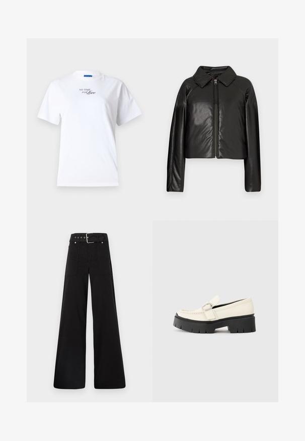 Mustast kunstnahast lühike jakk, millel on kraega kaelus ja tõmblukuga sulgemine. Omab pikki varrukaid ja sujuvat, läikivat tekstuuri.; Valge puuvillane T-särk lühikeste varrukatega ja ümarate kaelustega. Esiküljel on musta käärimisega kiri "EI KUNAGI AEG ARMASTUSELE".; Mustad laiad mustad püksid, mis on valmistatud puuvillast, kõrge vöökoha, suurte küljetaskute ja kumerate rihmadega, kus on hõbedased detailid.; Valge nahast loafer, millel on massiivne must platvormi tald, neljakandiline hõbedane pandla ja nähtavalt õmblusdetail ülaserval.