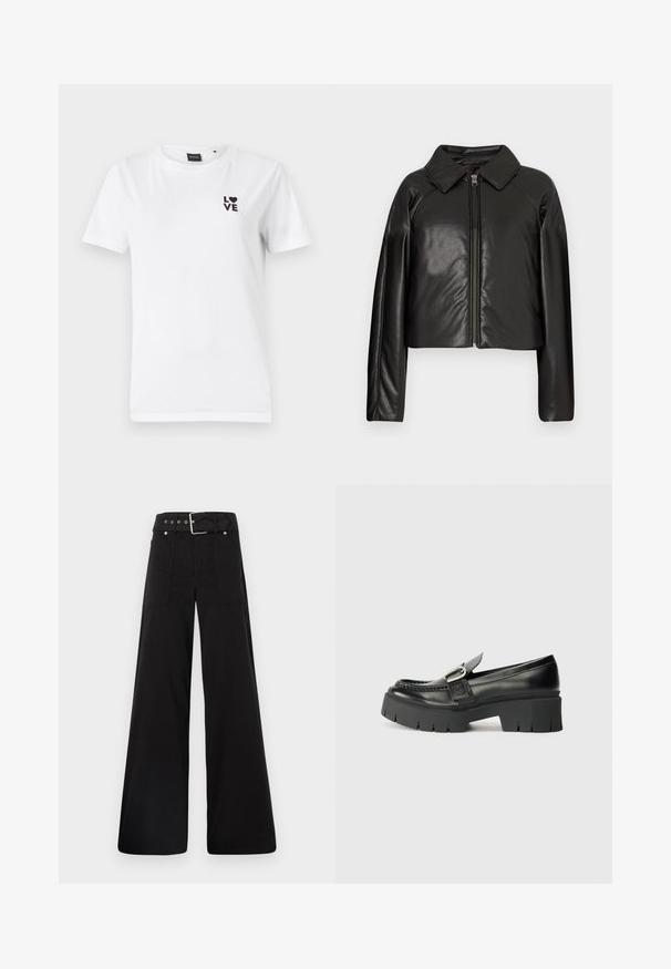 Črna jakna iz umetnega usnja s kratkim krojem, z ovratnikom in zadrgo. Ima dolge rokave in gladko, sijajno teksturo.; Bela bombažna majica s kratkimi rokavi, ki ima na levi strani prsi natisnjen črn napis "LOVE" in logotip srca.; Črne široke hlače iz bombaža, z visokim pasom, velikimi stranskimi žepi in pasom s sponko ter srebrnimi dodatki.; Črne usnjene loaferje z debelim gumijastim podplatom. Imajo nagubano zaponko in šivano obrobo vzdolž zgornjega dela. Raven peti.