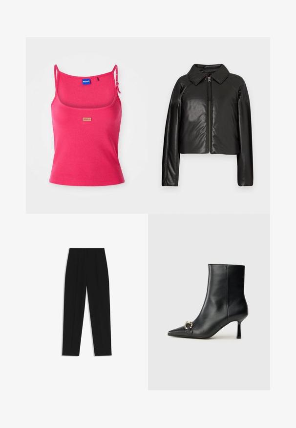 Mustat tekonahkaiset lyhyet takit, joissa on kauluksessa oleva kaulus ja vetoketjukiinnitys. Ominaisuuksiin kuuluu pitkät hihat ja sileä, kiiltävä pinta.; Vaaleanpunainen tiukasti istuva tankki toppi, joka on valmistettu ribbikankaasta. Varustettu säädettävillä olkaimilla ja edessä on pieni ruskea logo-tagi. Sileä pinta.; Mustat housut suoran istuvuuden kanssa, joissa on kaksinkertaiset laskokset, sileä pinta ja klassinen vyötärönauhan muotoilu. Ei näkyviä metalliosia tai koristeita.; Musta nahkasaapas nilkkapituisilla, terävillä kärjillä, hoikalla keskipituisella korolla ja hopeavöillä sivussa yksinkertaista taustaa vasten.
