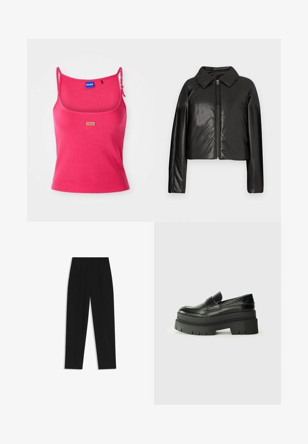 Mustat tekonahkaiset lyhyet takit, joissa on kauluksessa oleva kaulus ja vetoketjukiinnitys. Ominaisuuksiin kuuluu pitkät hihat ja sileä, kiiltävä pinta.; Vaaleanpunainen tiukasti istuva tankki toppi, joka on valmistettu ribbikankaasta. Varustettu säädettävillä olkaimilla ja edessä on pieni ruskea logo-tagi. Sileä pinta.; Mustat housut suoran istuvuuden kanssa, joissa on kaksinkertaiset laskokset, sileä pinta ja klassinen vyötärönauhan muotoilu. Ei näkyviä metalliosia tai koristeita.; Musta nahkakengät, joissa on muhkea pohja. Pyöristetty kärki, etusauman yksityiskohtia ja hienovaraisia ompeluaksentteja. Littee, kuvioitu ulkopohja.