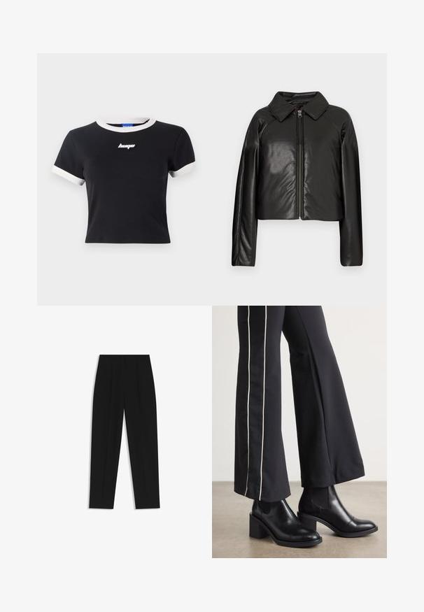Mustat tekonahkaiset lyhyet takit, joissa on kauluksessa oleva kaulus ja vetoketjukiinnitys. Ominaisuuksiin kuuluu pitkät hihat ja sileä, kiiltävä pinta.; Musta lyhythihainen t-paita, jossa on valkoinen kaulus ja hihansuut. Rintakehässä musta logo. Valmistettu sileästä kankaasta.; Mustat housut suoran istuvuuden kanssa, joissa on kaksinkertaiset laskokset, sileä pinta ja klassinen vyötärönauhan muotoilu. Ei näkyviä metalliosia tai koristeita.; Mustat nahkasaappaat nilkkapituisilla, lohkareella, joissa on joustavat sivupaneelit. Yhdistetty mustiin housuihin, joissa on valkoinen sivuraita.