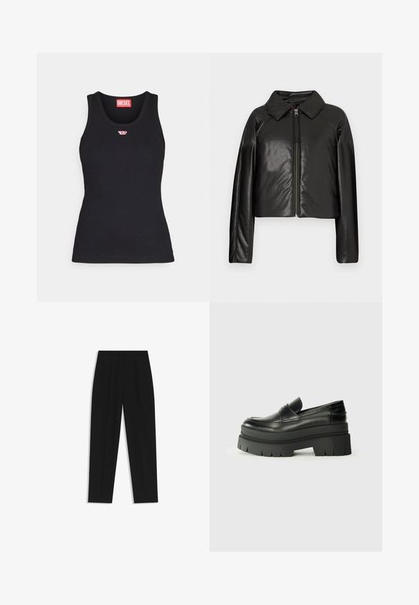 Svart imitationläder kortjacka med krage och dragkedjestängning. Har långa ärmar och en slät, glänsande yta.; Svart linne i bomull med rundad halsringning, prytt med en liten röd logotyp på bröstet och en åtsittande design.; Svarta byxor med rak passform, med dubbla fickor, en slät yta och en klassisk midje-design. Ingen synlig hårdvara eller detaljer.; Svarta läderskor med en tjock plattformssula. Rundad tå, detalj med söm framtill och diskreta sömnadsaccenter. Platt, texturerad yttersula.