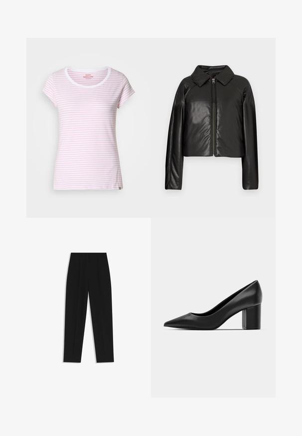 Zwarte faux leren cropped jack met een kraag en ritssluiting. Heeft lange mouwen en een soepele, glanzende textuur.; Roze en wit gestreept T-shirt met een ronde halslijn en korte mouwen. Gemaakt van zachte stof met een reguliere pasvorm. Subtiel merklabel aan de zoom.; Zwarte broeken met een rechte pasvorm, voorzien van dubbele plooien, een zachte textuur en een klassiek taillebandontwerp. Geen zichtbare hardware of accenten.; Zwarte leren pump met een spitse neus en een chunky vierkante hak. Glad textuur, eenvoudig ontwerp, geschikt voor formele gelegenheden.