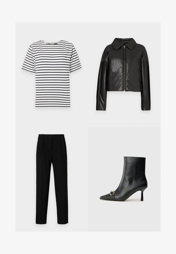 Svart, imitert skinn, cropped jakke med krage og glidelås. Har lange ermer og en jevn, glinsende overflate.; Hvit t-skjorte med horisontale marineblå striper, rund halslinning, korte ermer, og en liten logodetalj på venstre erme. Laget av bomull.; Svarte skreddersydde bukser med rett passform, plisserte foran, polert stoff og medium midje. Ingen synlige lommer eller detaljer i beslag.; Sorte lær ankle boot med spiss tå, slank mid-høyde hæl og sølvspenne på siden mot en enkel bakgrunn.