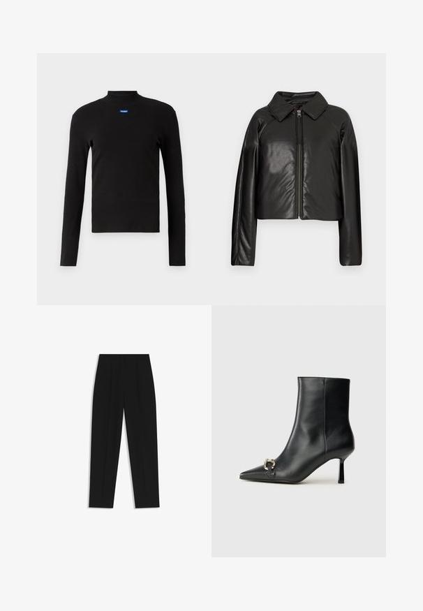 Giacca cropped nera in ecopelle con colletto e chiusura a zip. Caratterizzata da maniche lunghe e una texture liscia e lucida.; HUGO EASY LONGSLEEVE - Maglietta a manica lunga - schwarz; Pantaloni neri a taglio dritto, con doppie pieghe, una texture liscia e un design classico in vita. Nessun hardware o dettaglio visibile.; Stivale alla caviglia in pelle nera con punta affusolata, tacco sottile di media altezza e dettaglio in fibbia argentata sul lato, su sfondo semplice.