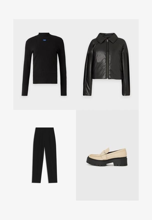 Zwarte faux leren cropped jack met een kraag en ritssluiting. Heeft lange mouwen en een soepele, glanzende textuur.; HUGO EASY LONGSLEEVE - Longsleeve - schwarz; Zwarte broeken met een rechte pasvorm, voorzien van dubbele plooien, een zachte textuur en een klassiek taillebandontwerp. Geen zichtbare hardware of accenten.; Beige leren loafers met een zwarte chunky zool, voorzien van een decoratieve gesp en stikseldetails aan de voorkant. Zijaanzicht.