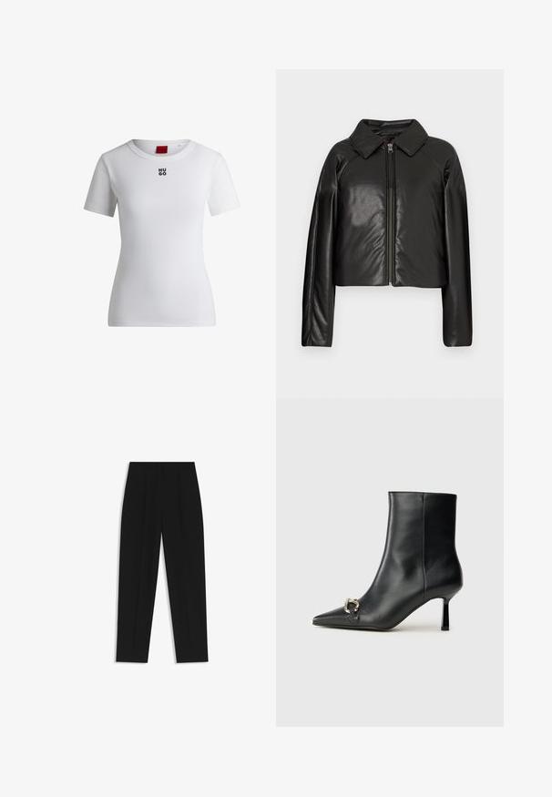 Zwarte faux leren cropped jack met een kraag en ritssluiting. Heeft lange mouwen en een soepele, glanzende textuur.; Witte katoenen t-shirt met een ronde halslijn en korte mouwen. Bevat een klein zwart "HUGO" logo op de borst. Gladde textuur.; Zwarte broeken met een rechte pasvorm, voorzien van dubbele plooien, een zachte textuur en een klassiek taillebandontwerp. Geen zichtbare hardware of accenten.; Zwarte leren enkelboot met spitse neus, slanke middenhoge hak en zilveren gespdetail aan de zijkant op een effen achtergrond.