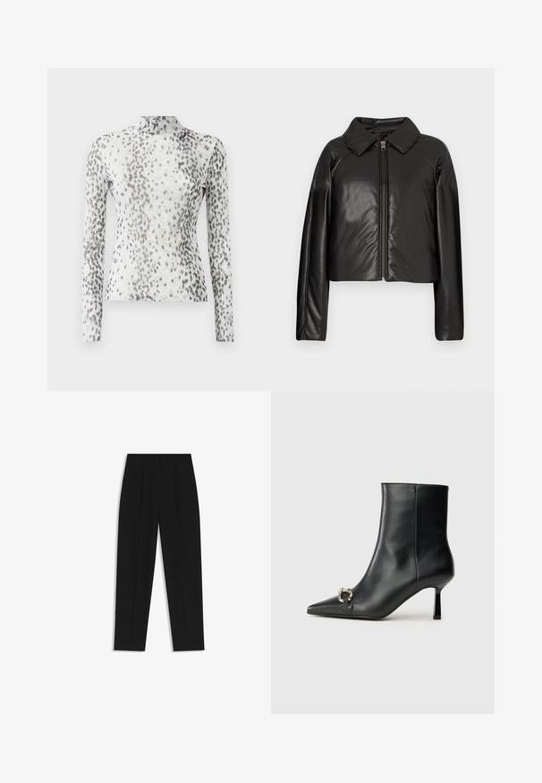 Schwarze Kunstleder-Cropped-Jacke mit Kragen und Reißverschluss. Mit langen Ärmeln und glatter, glänzender Textur.; Langärmliges Oberteil mit hohem Kragen, aus einem weißen Stoff, der mit einem grau-schwarzen Tupfenmuster verziert ist.; Schwarze Hose mit geradem Schnitt, doppelten Falten, einer glatten Textur und einem klassischen Bunddesign. Keine sichtbaren Beschläge oder Akzente.; Schwarze Leder-Stiefelette mit spitzer Zehe, schlankem, mittelhohem Absatz und silberner Schnalle seitlich vor einem schlichten Hintergrund.