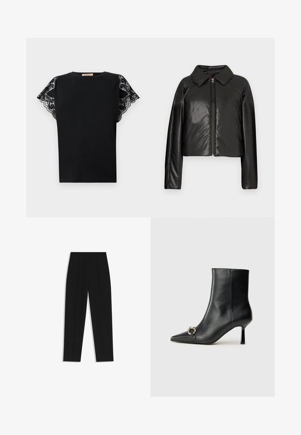 Schwarze Kunstleder-Cropped-Jacke mit Kragen und Reißverschluss. Mit langen Ärmeln und glatter, glänzender Textur.; Schwarzes Kurzarm-T-Shirt aus weichem Stoff mit filigranen schwarzen Spitzenakzenten an den Schultern, klassisches Rundhalsausschnitt-Design.; Schwarze Hose mit geradem Schnitt, doppelten Falten, einer glatten Textur und einem klassischen Bunddesign. Keine sichtbaren Beschläge oder Akzente.; Schwarze Leder-Stiefelette mit spitzer Zehe, schlankem, mittelhohem Absatz und silberner Schnalle seitlich vor einem schlichten Hintergrund.