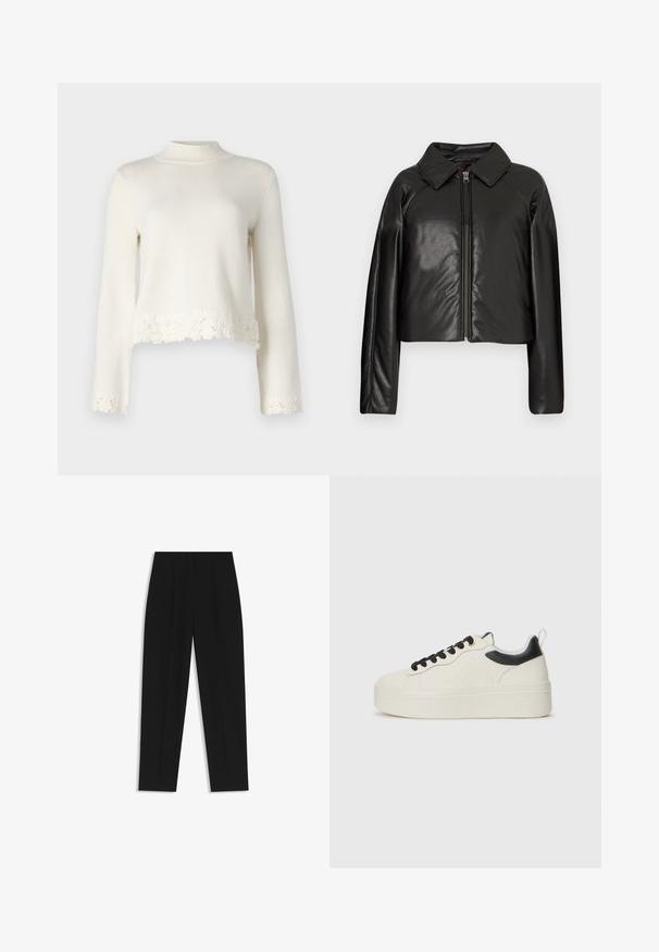 Sort kunstlæder cropped jakke med krave og lynlåslukning. Har lange ærmer og en glat, blank tekstur.; Hvid strikket sweater med lange ærmer, høj hals og bølget blonderende kant forneden. Blød tekstur med et cropped design.; Sorte bukser med lige pasform, der har dobbelte folder, en glat tekstur og et klassisk taljedesign. Ingen synlige hardware eller accenter.; Hvide platform sneakers med sorte accenter, lavet af tekstureret læder, rund tå og stofsnørebånd. Glat sål med brandingdetalje.
