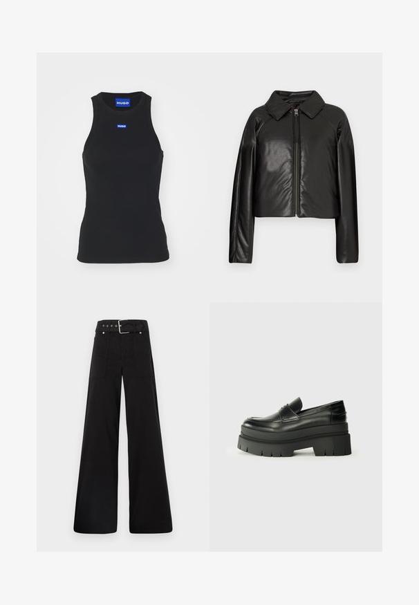 Black faux leather cropped jacket with a collared neckline and zip closure. Features long sleeves and smooth, glossy texture.; Black ribbed tank top made from cotton. Features a round neckline and blue logo patch on the chest. Straight hem at the bottom.; Black wide-leg trousers made from cotton, featuring a high waist, large side pockets, and a belted waist with silver hardware accents.; Black leather loafers with a chunky platform sole. Rounded toe, front seam detail, and subtle stitching accents. Flat, textured outsole.