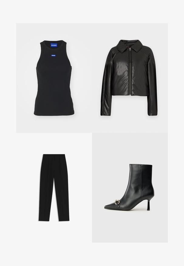 Mustat tekonahkaiset lyhyet takit, joissa on kauluksessa oleva kaulus ja vetoketjukiinnitys. Ominaisuuksiin kuuluu pitkät hihat ja sileä, kiiltävä pinta.; Mustapohjaista ribbikangasta oleva tankkitoppi, joka on valmistettu puuvillasta. Siinä on pyöreä kaula-aukko ja sininen logopainatus rinnassa. Suora helma alaosassa.; Mustat housut suoran istuvuuden kanssa, joissa on kaksinkertaiset laskokset, sileä pinta ja klassinen vyötärönauhan muotoilu. Ei näkyviä metalliosia tai koristeita.; Musta nahkasaapas nilkkapituisilla, terävillä kärjillä, hoikalla keskipituisella korolla ja hopeavöillä sivussa yksinkertaista taustaa vasten.